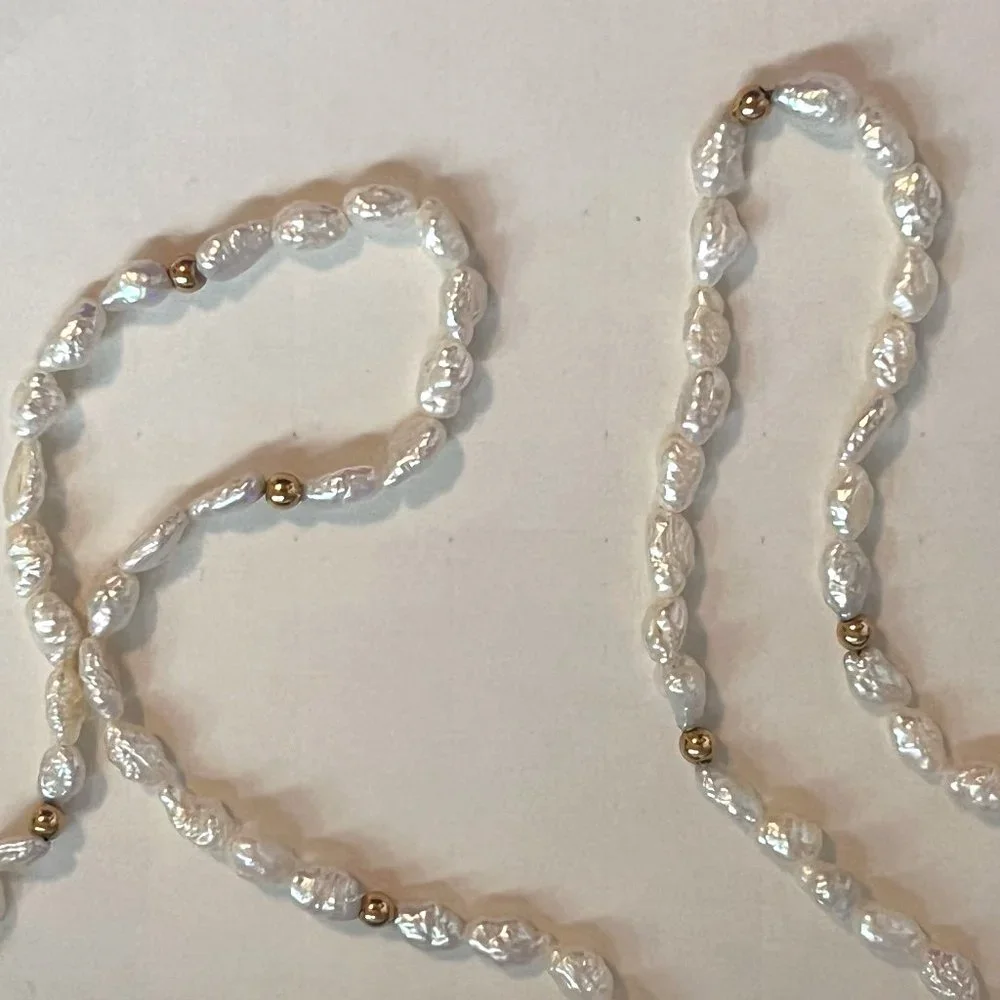 14KT Gold Ball Beaded Freshwater Rice Pearl Necklace - Picture 2 of 4